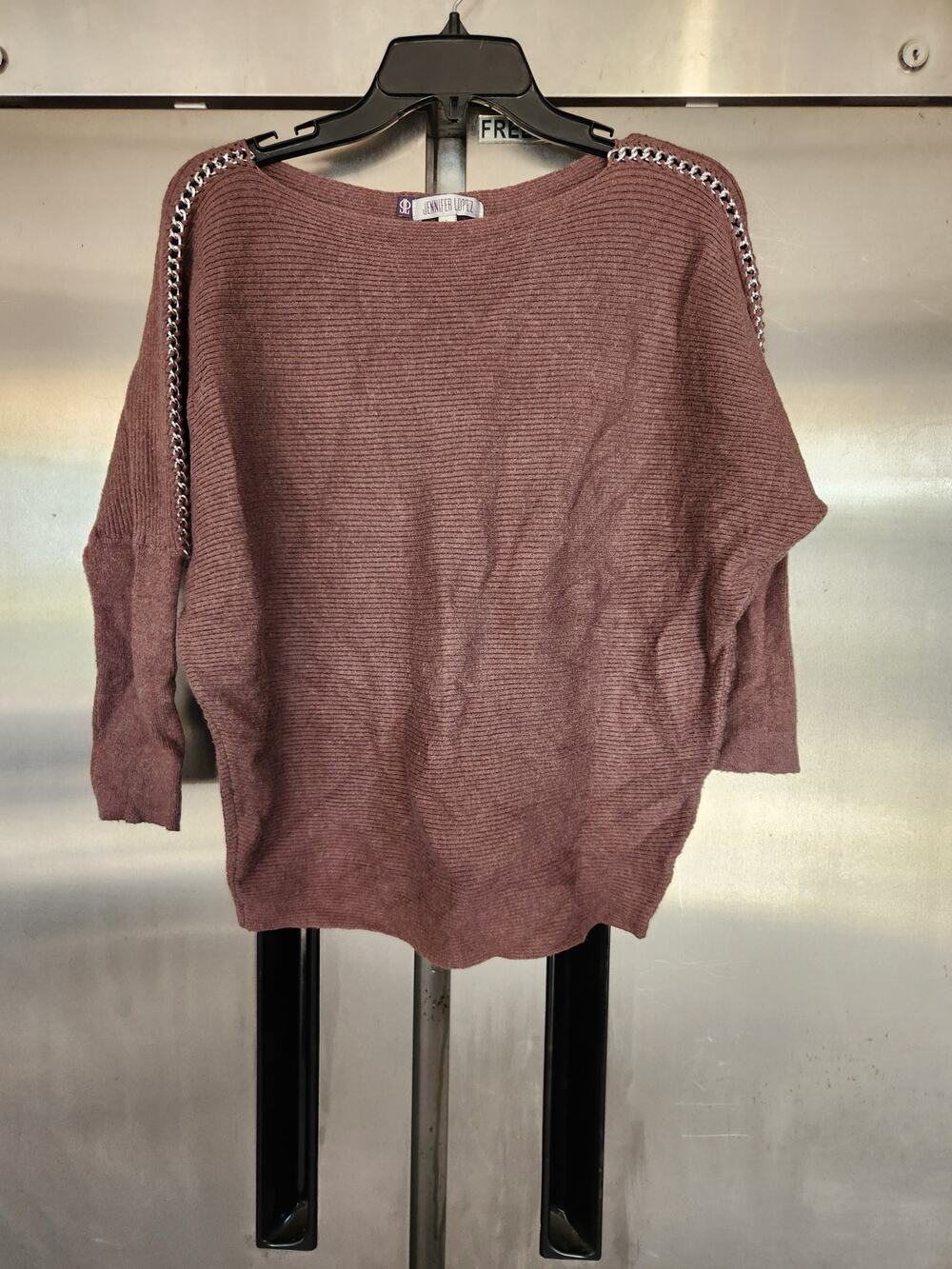 Jennifer Lopez Womens Dolman Sweater L Mauve Ribbed Knit Embellished Shoulder